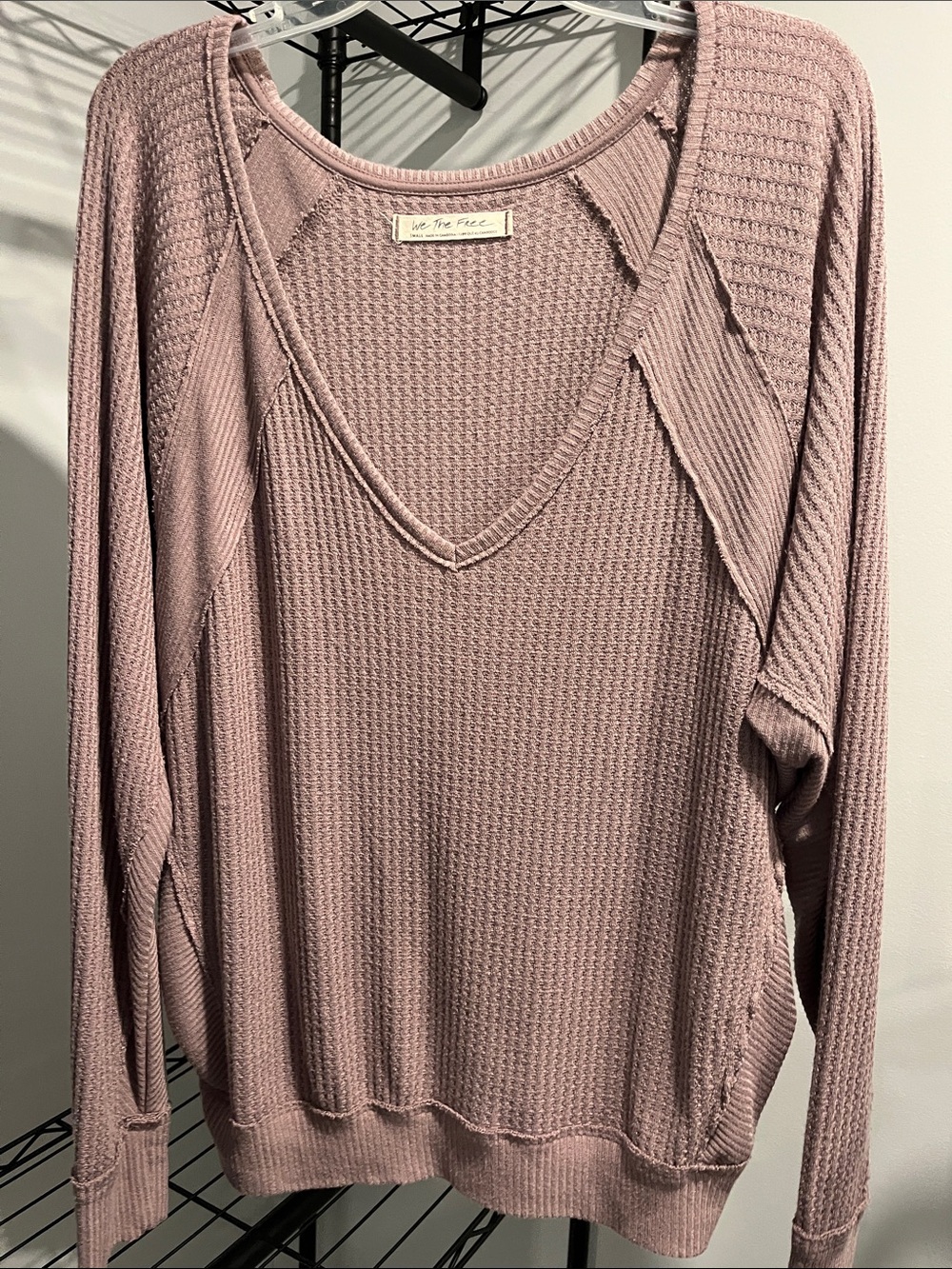 Free People Dusty Mauve Waffle V-Neck Pullover